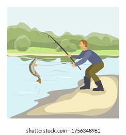 The fisherman caught a fish pike on a fishing rod. River bank. Vector illustration.