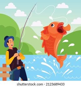 Fisherman caught a fish with rod. Fishing on a pond. Man in waders. Outdoor sport, recreation, vacation. Colourful vector illustration. Cartoon style.