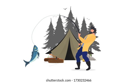The fisherman caught the fish. Vacation concept with a tent and fishing. Tent, silo forests, bonfire, logs, a man with a wretch. Isolated. Vetkor.