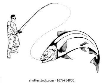 Arte de diseño de ilustraciones vectoriales de peces capturados por pescadores