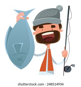 Fisherman Caught Fish Vector Illustration Cartoon Character