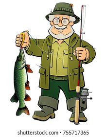 The fisherman caught a pike. Cartoon character.