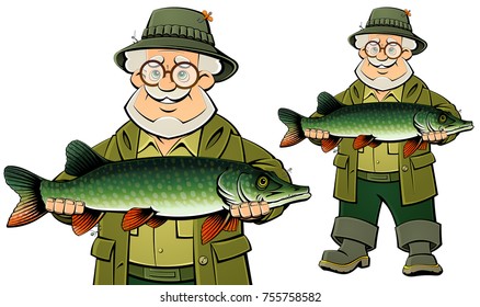 The fisherman caught a pike. Cartoon character.
