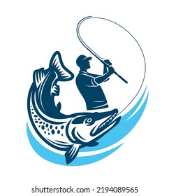 Fisherman caught pike emblem. Sport fishing, outdoor activities logo or badge. Vector illustration