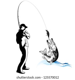 Fisherman caught a pike, vector illustration
