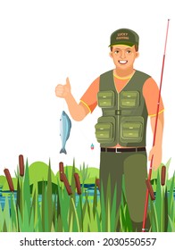 Fisherman. Caught and shows a fish. Reeds and grass. Isolated on white background. Vector