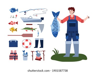 Fisherman character with big fish in hand and fishery icons set, flat cartoon vector illustration isolated on white background. Fishing activity symbols collection.