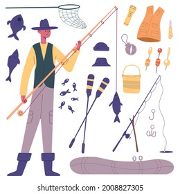 Fisherman character. Cartoon fisherman with fishing tackle, fishing rod, reels, boat and fish bait vector illustration set. Fishing outdoor leisure symbols. Equipment for hobby as hooks, paddles