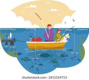 Fisherman character with children son sitting in boat with fishing rod, outdoor spending time cartoon vector illustration, isolated on white. Concept rural lake fisher hobby, amicable family.