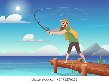 fisherman. character with fisher rod fishing on the river. vector cartoon outdoor background
