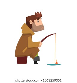 Fisherman character hat sitting on the shore with fishing rod, hobby or profession concept vector Illustration on a white background