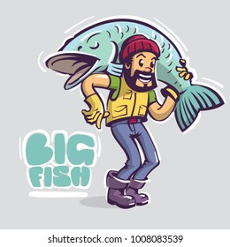 fisherman character hold big fish on the shoulders