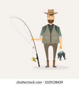 Fisherman character holding a big fish and a fishing rod with lake and river landscape. Cartoon vector illustration.