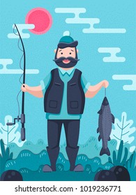 Fisherman character holding a big trout and a fishing rod. Cartoon vector illustration. Flat landscape. Bank of the river