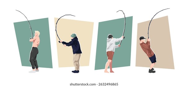 Fisherman character set. Activity, recreation theme. Flat vector illustration.
