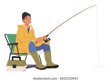 Fisherman Character Sitting With Rod In Hands And Tackle Box Nearby, Patiently Awaiting A Catch. The Serene Scene Captures The Essence Of Angling. Cartoon People Vector Illustration