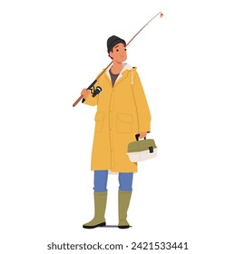 Fisherman Character Stands, Rod On Shoulder, Tackle Box In Hand, Ready For A Day By The Water. Anticipation Gleams In His Eyes Echoing The Rhythm Of Nature Serenity. Cartoon People Vector Illustration