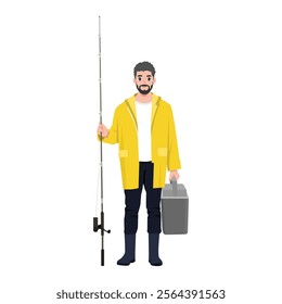 Fisherman Character Stands with Rod On Shoulder and Tackle Box In Hand. Flat Vector character illustration