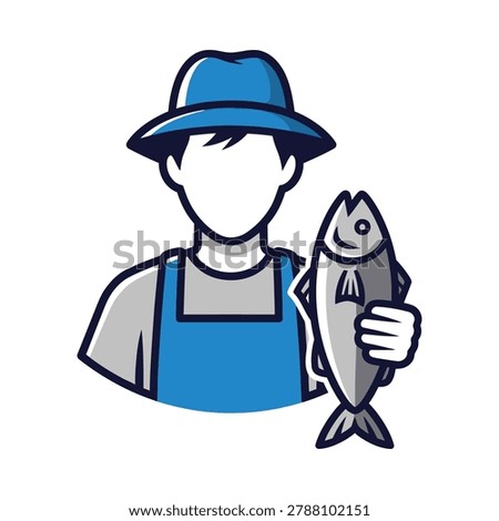 Fisherman character wearing hat and apron holding a fish illustration
