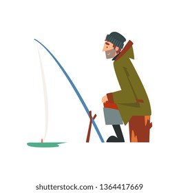 Fisherman Character Wearing Warm Clothing Sitting on Shore with Fishing Rod, Man Fishing on Frozen River Vector Illustration
