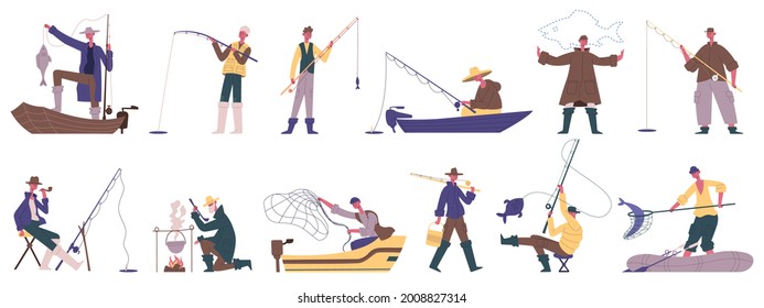 Fisherman characters. Fishing summer outdoor activities, spinning or fishnet fish catching hobby recreation vector illustration set. Male fishermen leisure. Cooking on fire, sailing on boat