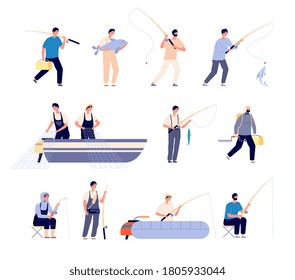 Fisherman characters. Rubber boat, fishing man with equipment. Seasonal activity, male holds fish. Commercial fishery vector illustration