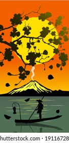Fisherman and cherry on a background of Mount Fuji in the evening