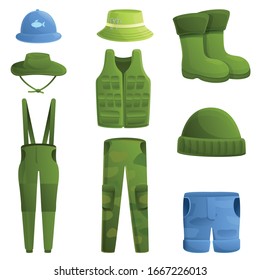 Fisherman clothes icons set. Cartoon set of fisherman clothes vector icons for web design