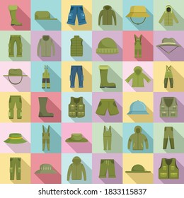 Fisherman clothes icons set. Flat set of fisherman clothes vector icons for web design