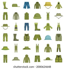 Fisherman clothes icons set. Flat set of fisherman clothes vector icons isolated on white background