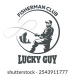 Fisherman club emblem. Fisherman with rod and caught fish isolated vector illustration