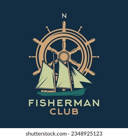 Fisherman Club Ship Silhouette Vintage Emblem Logo Vector