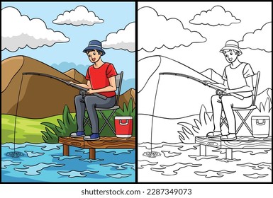 Fisherman Coloring Page Colored Illustration