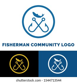 fisherman community logo design, vector illustration with hook and water
