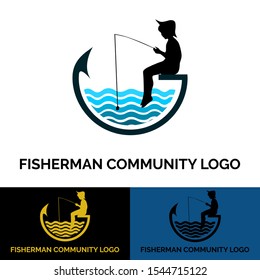 fisherman community logo design, vector illustrasion with fisherman, hook, and water