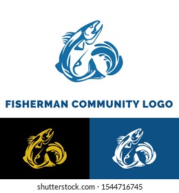 fisherman community logo design, vector illustrasion with fisherman, hook, and rod
