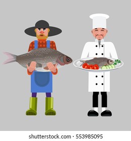 Fisherman and cook. Vector illustration