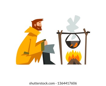 Fisherman Cooking Fish Soup in Cauldron Over Bonfire, Bearded Fishman Character in Raincoat and Rubber Boots Vector Illustration