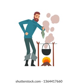 Fisherman Cooking Fish Soup in Cauldron Over Bonfire, Bearded Fishman Character Vector Illustration