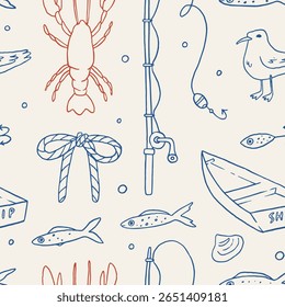 Padrão sem emenda do núcleo do pescador com ilustrações marinhas desenhadas à mão: vara de pesca, lagosta, peixe de sardinha, gaivotas, isca de peixe, corda. Cor vermelha e azul. Vetor vintage pesca hobby fundo design
