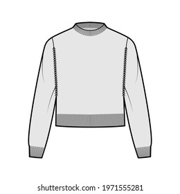 Fisherman cropped Sweater technical fashion illustration with rib crewneck, long sleeves, relax body, waist length, knit trim. Flat jumper apparel front, grey color style. Women men unisex CAD mockup