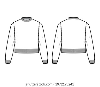 Fisherman cropped Sweater technical fashion illustration with rib crewneck, long sleeves, relax body, waist length, knit trim. Flat jumper apparel front, back, white color style. Women men CAD mockup