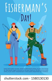 Fisherman day poster vector template. Fishing. Professional holiday celebration. Brochure, cover, booklet page concept design with flat illustrations. Advertising flyer, leaflet, banner layout