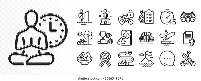 Fisherman, Diet menu and Winner ribbon line icons for web app. Glare of light effect. Message icon. Pack of Salad, Timer, Sports stadium pictogram icons. Bike path, Success, Dumbbell signs. Vector