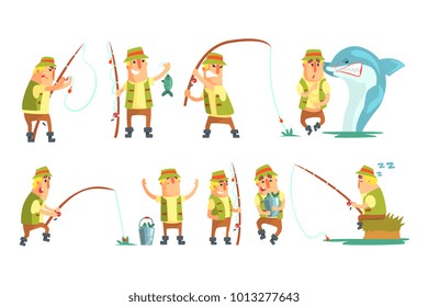 Fisherman In Different Funny Situations Set Of Illustrations