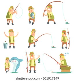 Fisherman In Different Funny Situations Set Of Illustrations