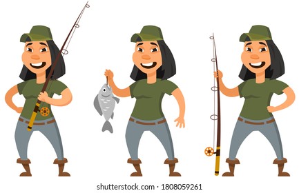 Fisherman in different poses. Female character in cartoon style.