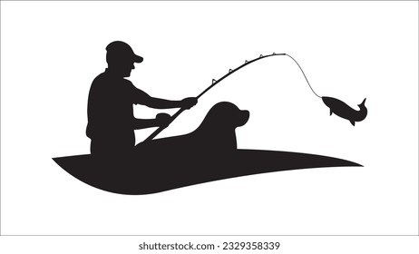 Fisherman with a dog in a boat .clip art black fishing on a white background - vector