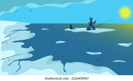 A Fisherman With A Dog On A Floating Ice Floe