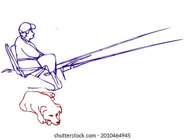Fisherman with a dog sits on a chair and catches fish fishing rods in a pond. Drawing with colored pens